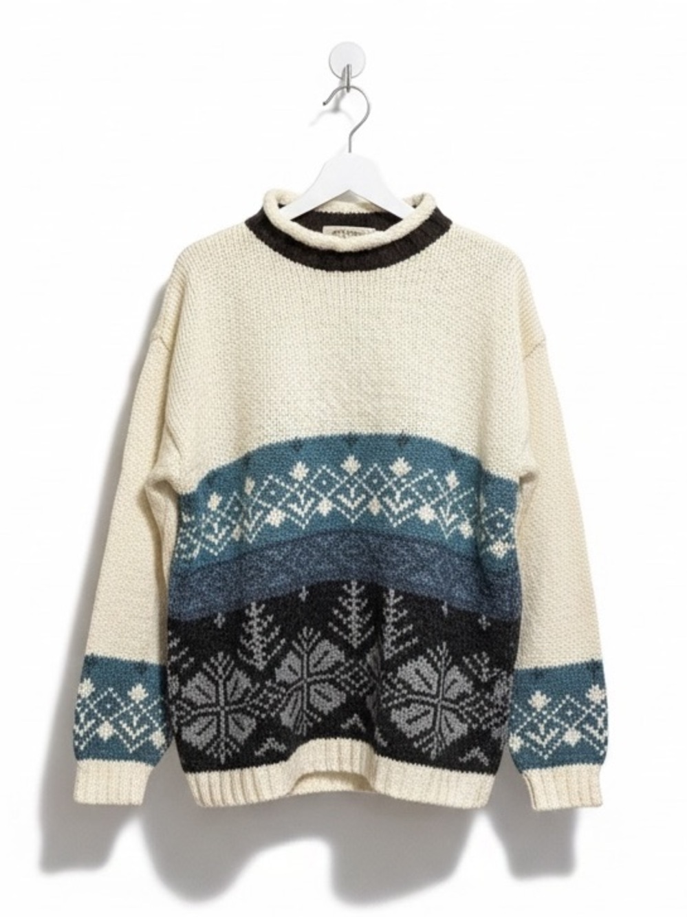 Vintage Huntington Ridge Blue White Fair Isle High Neck Sweater Top Size M